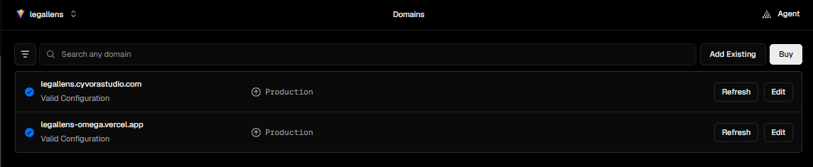 Vercel project after a domain or subdomain has been added